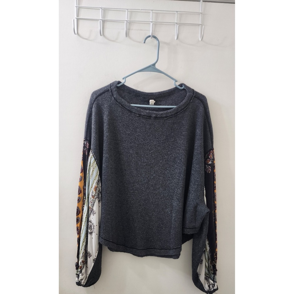 Free People We The Free Mixed‎ Print Waffle Knit Thermal Top Grey XS Bohemian